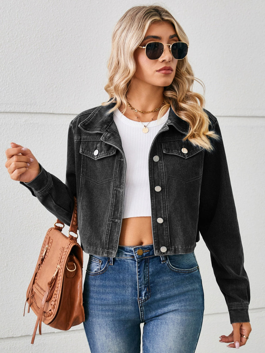 Black cropped denim trucker jacket with button front and chest pockets