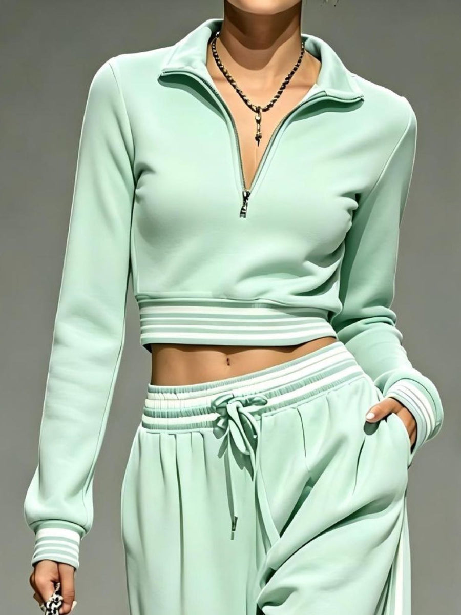 Full Size Half Zip Cropped Top And Pants Set in Yellow with drawstring