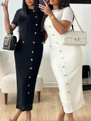 Textured midi dress with gold buttons, short sleeves, and a crew neck in black and ivory white.