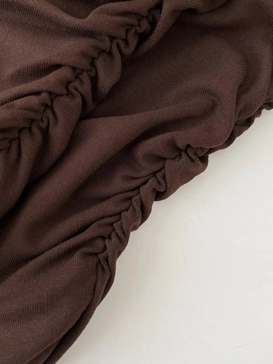 Brown ruched mock neck tank top with draped texture