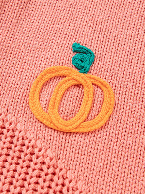 Embroidered pumpkin holiday sweater in burnt coral knit with orange pumpkin and green stem detail.