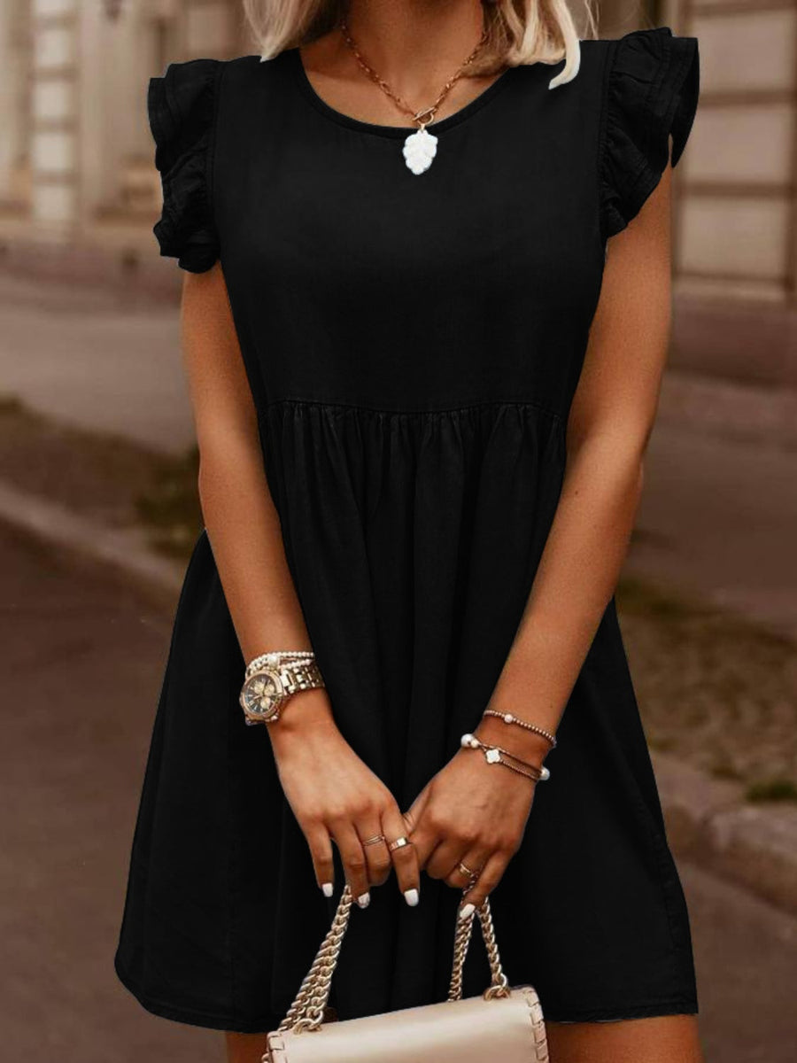 Black denim babydoll dress with ruffled short sleeves and a gathered waist.