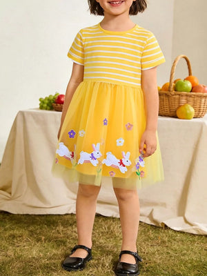 Yellow striped cotton dress with bunny and floral tulle skirt