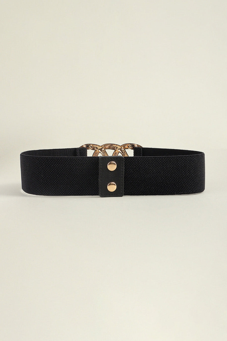 Black elastic belt with triple ring gold alloy buckle and gold stud closure