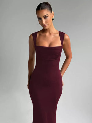 Wine red bodycon maxi dress with square neckline and sleeveless design.