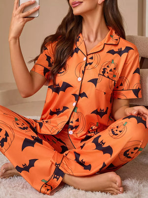 pajama set in Navy Blue with novelty print and buttoned