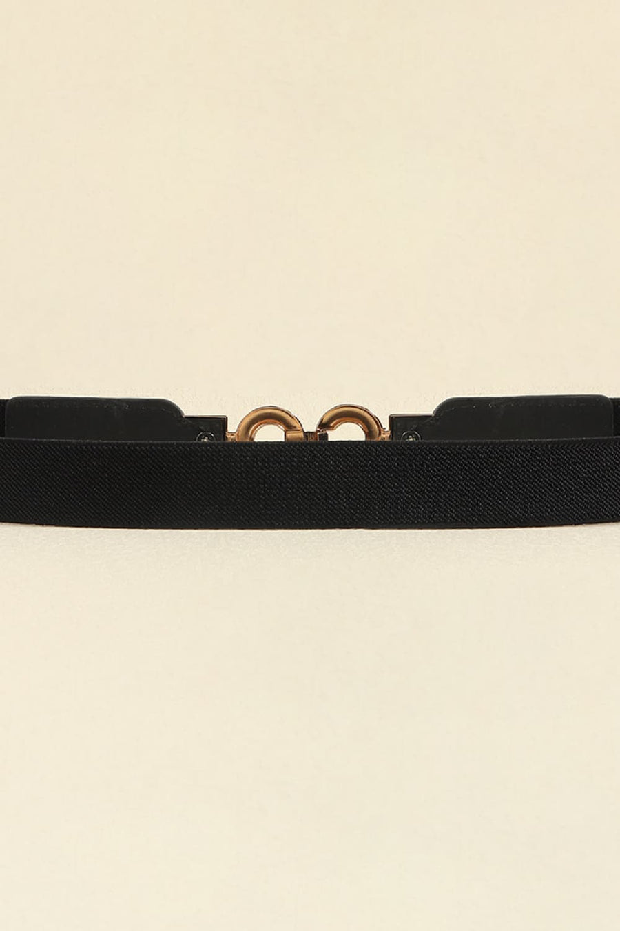Black elastic belt with gold double loop buckle detail