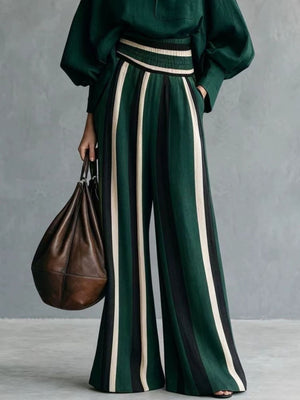 Mock Neck Top And Striped Wide-Leg Pants Set Plus Size in Caramel with pocketed