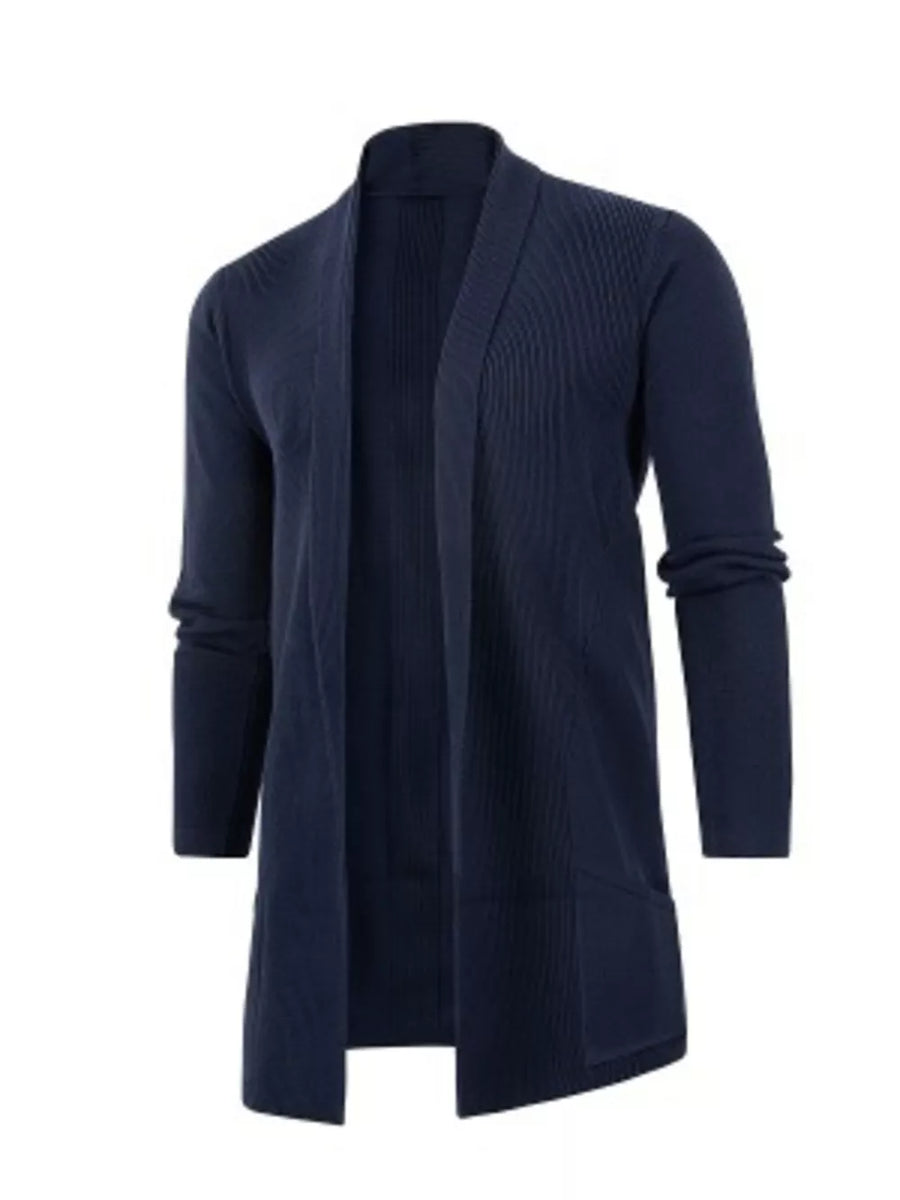 Navy blue heathered longline cardigan with pockets and ribbed texture.