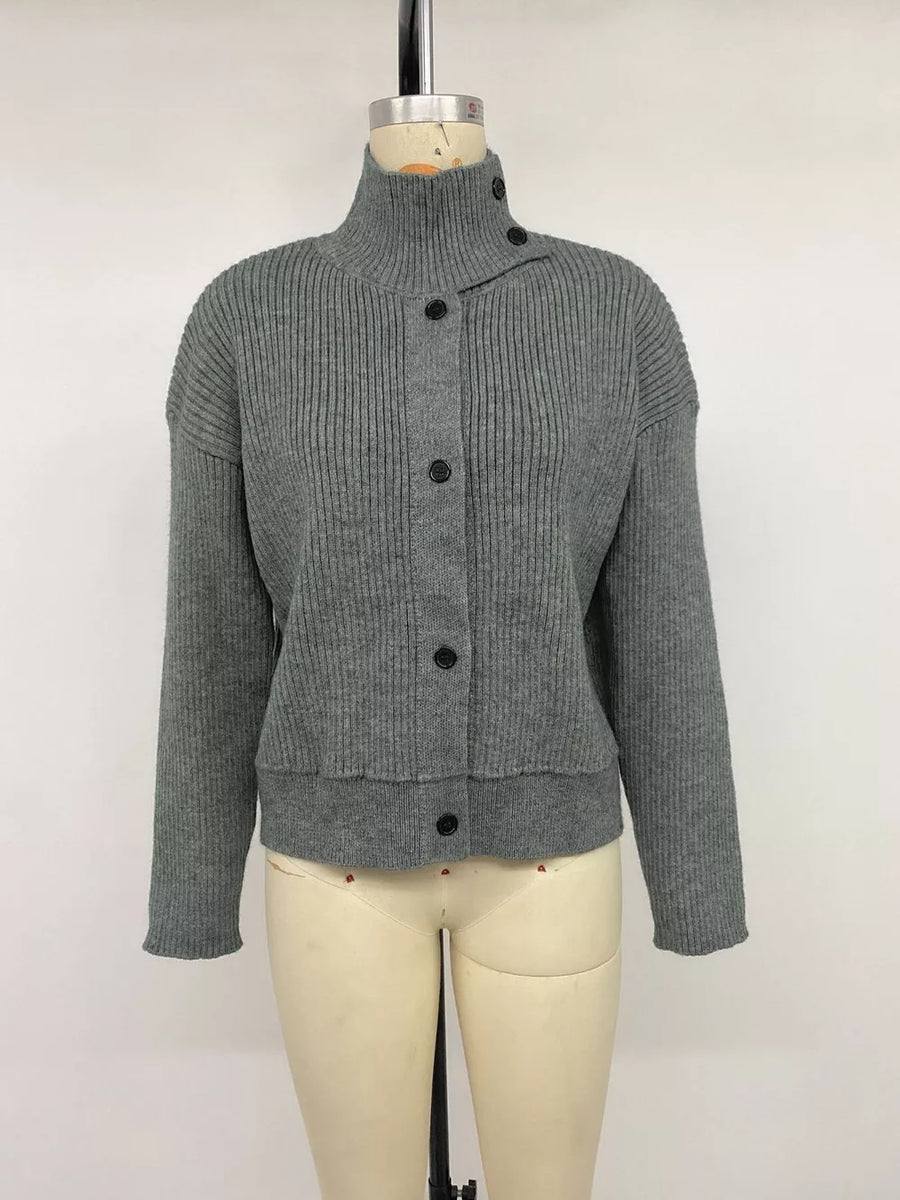 Turtleneck Button-down Cardigan in Dark Gray with buttoned