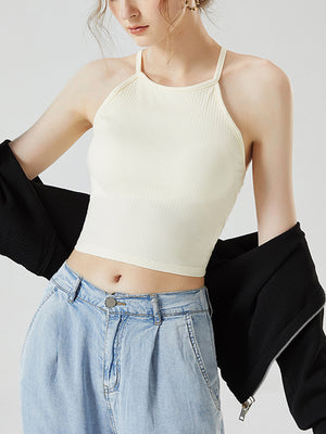 Mustard ribbed racerback crop top with keyhole back