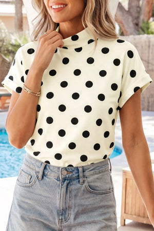 Cream polka dot mock neck t-shirt with short sleeves
