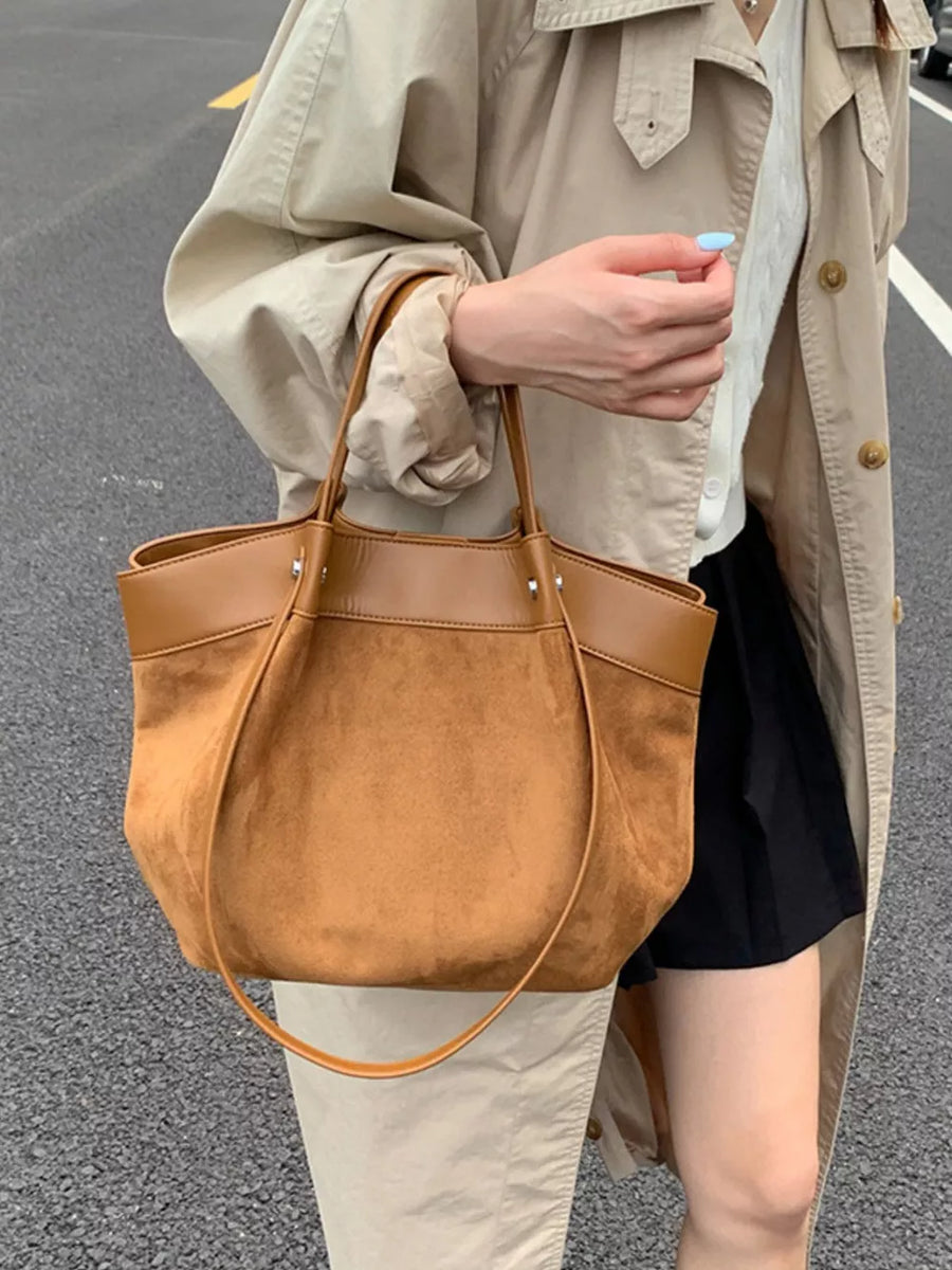 Brown with Suede And Leather Trim Shoulder Bag
