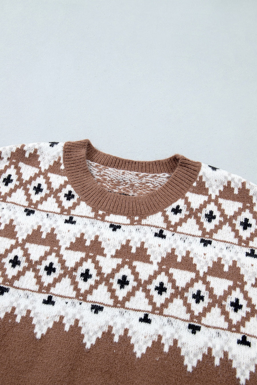 slate gray pullover sweater with ribbed cuffs and long sleeve