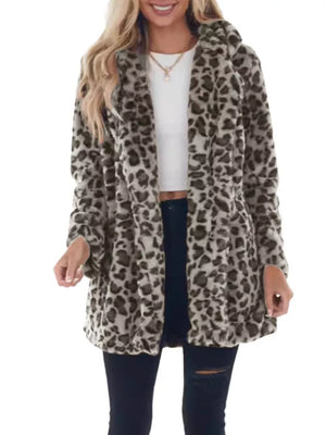light gray faux fur coat with leopard and shawl lapel