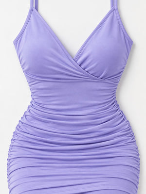 bodycon dress in lavender with deep v-neck and spaghetti strap