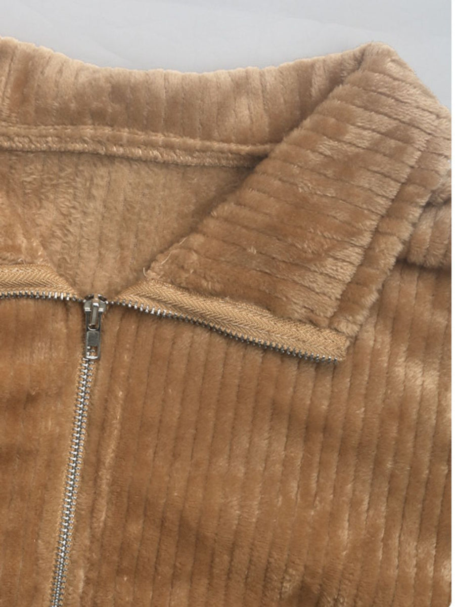 Camel plush corduroy zip-up jacket with fuzzy lining and collared neckline.