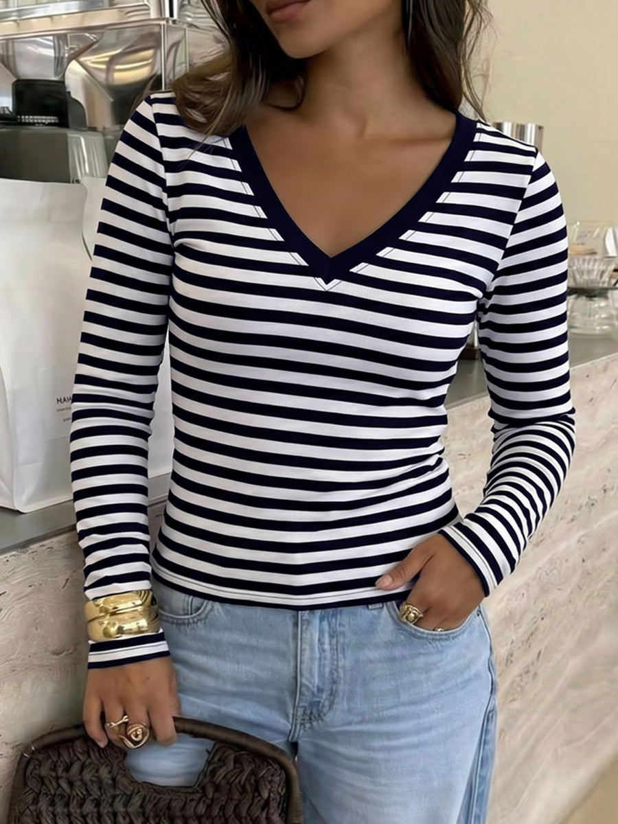 white t-shirt featuring stretch and striped