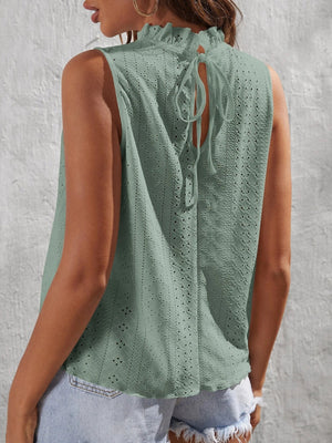 Teal eyelet tank top with ruffled neckline and back tie detail