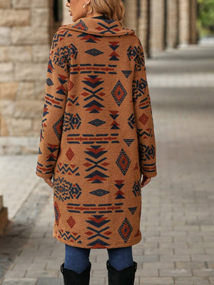 Caramel Aztec print teddy longline coat with a shawl collar and long sleeves.
