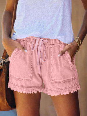 Full Size Drawstring Frayed Hem Denim Shorts in Kachi with raw hem