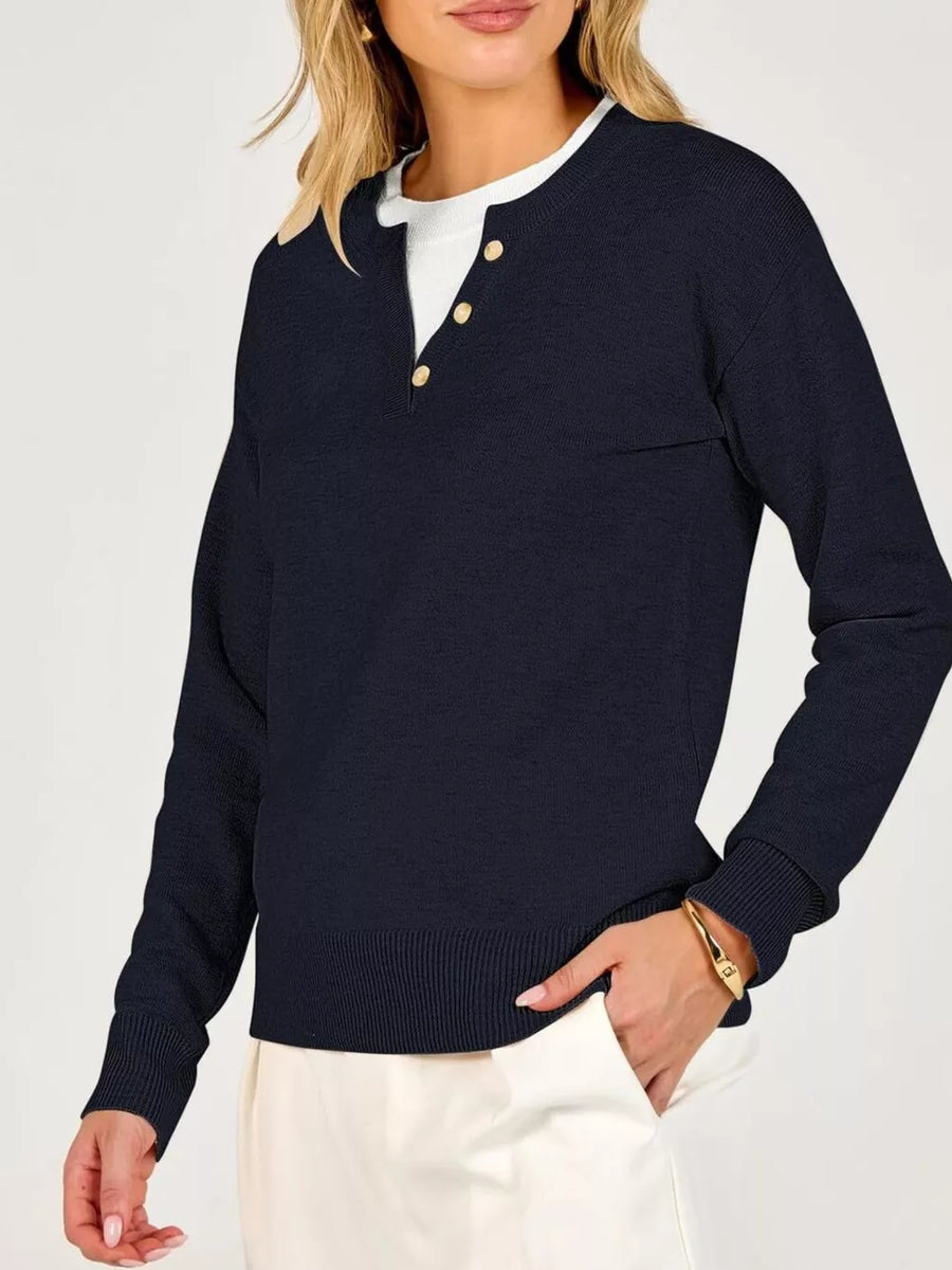 Long Sleeve Dropped Shoulder Sweater in Navy with buttoned