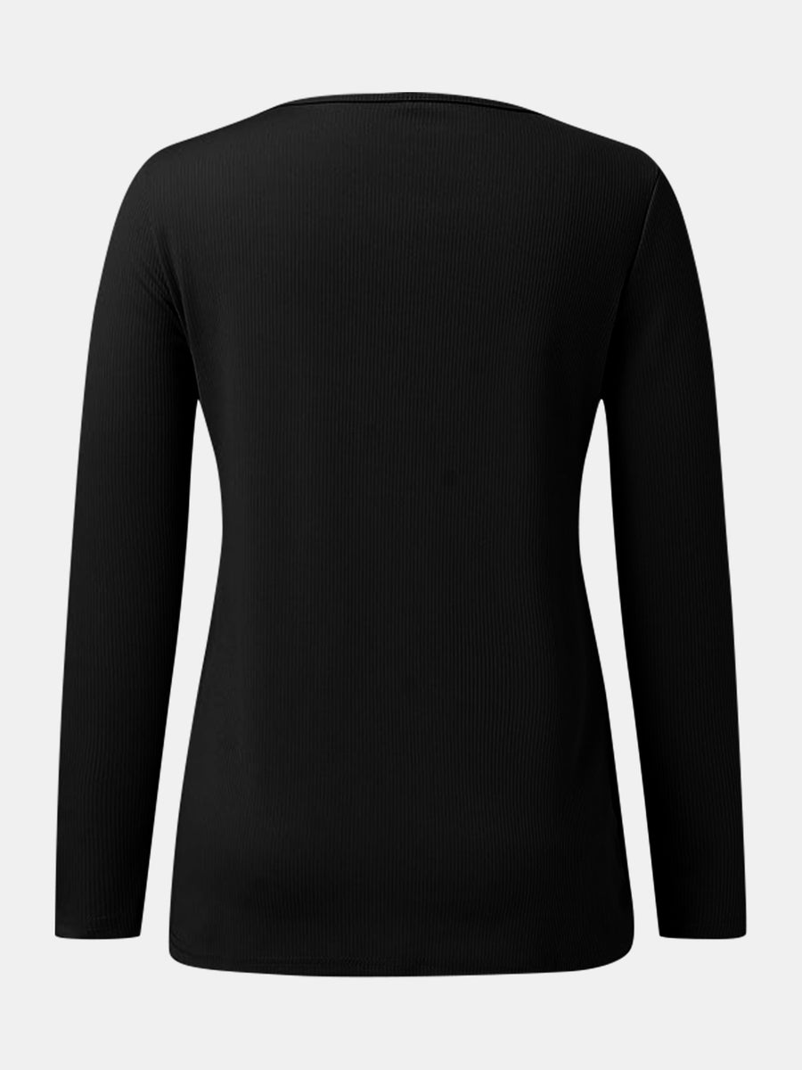 Black ribbed Henley scoop neck long sleeve top