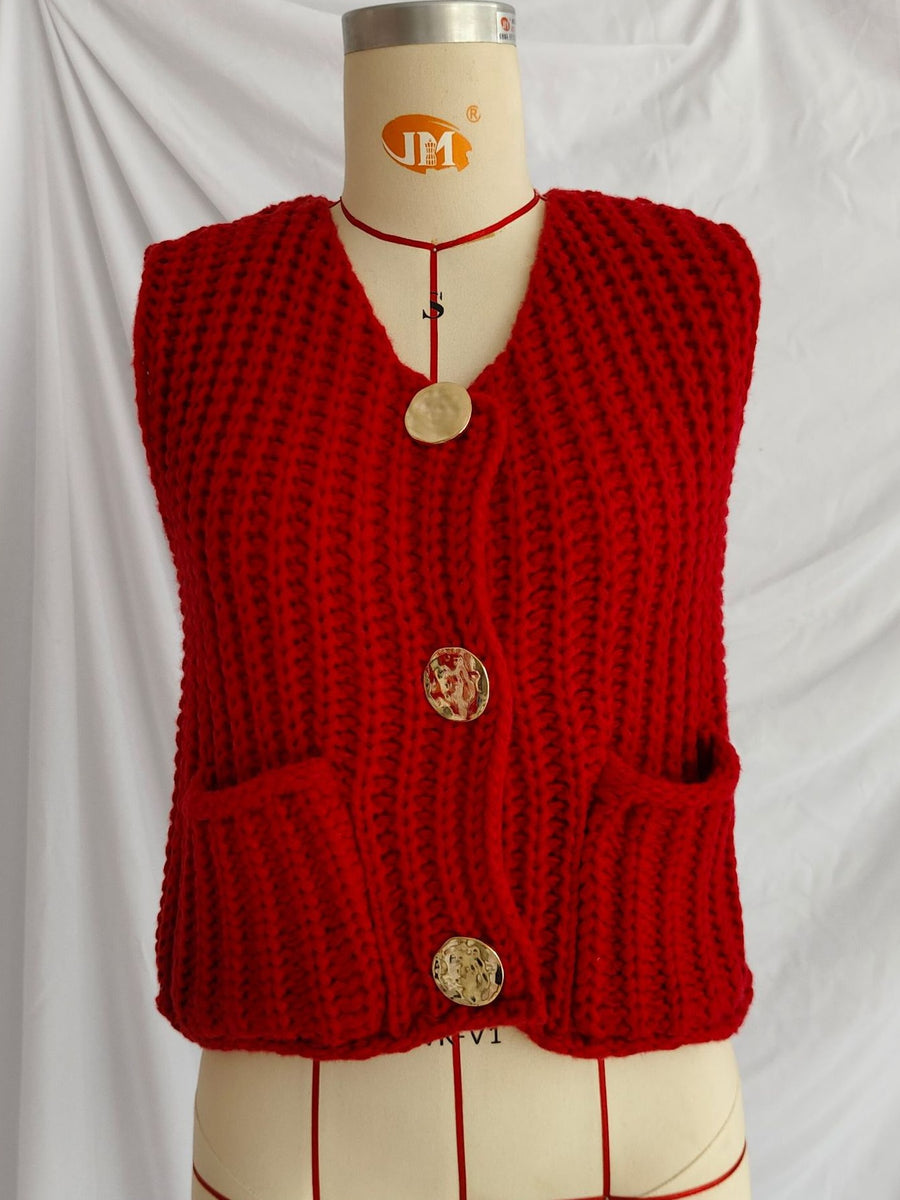 navy blue sweater vest with buttoned and sleeveless