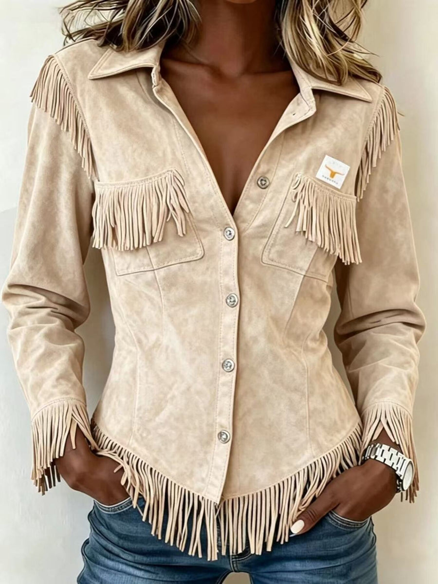 jacket in camel featuring fringe and fitted fit