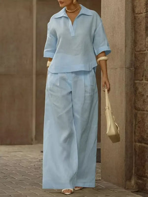 Khaki Color matching set with wide-leg and 3/4 sleeve