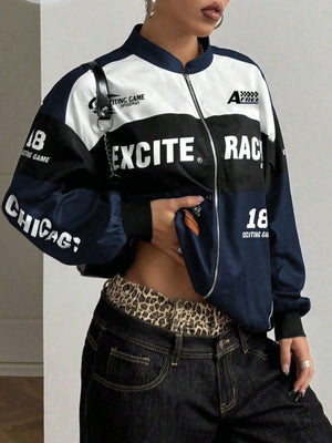 Navy Blue relaxed bomber jacket with mock neck
