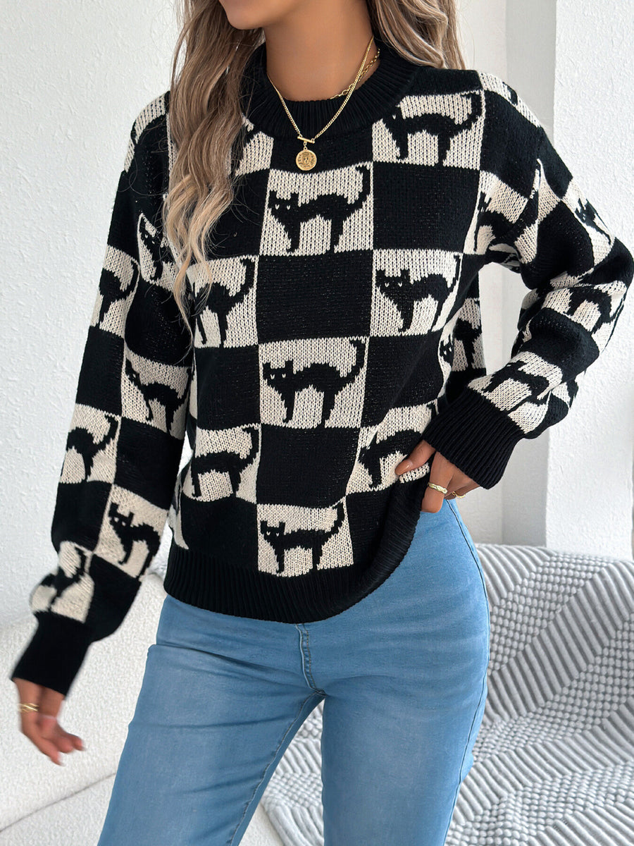 pullover sweater in Beige with checkerboard and stretch