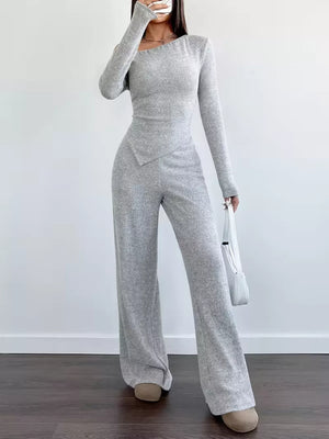 Chic One-shoulder Asymmetrical Top & Wide-leg Pants Set in Brown