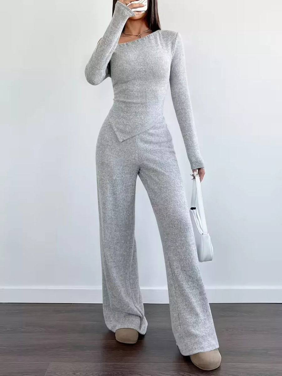 Chic One-shoulder Asymmetrical Top & Wide-leg Pants Set in Brown