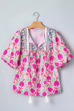 Floral Print Short Sleeve Tassel Tie Blouse option 8
