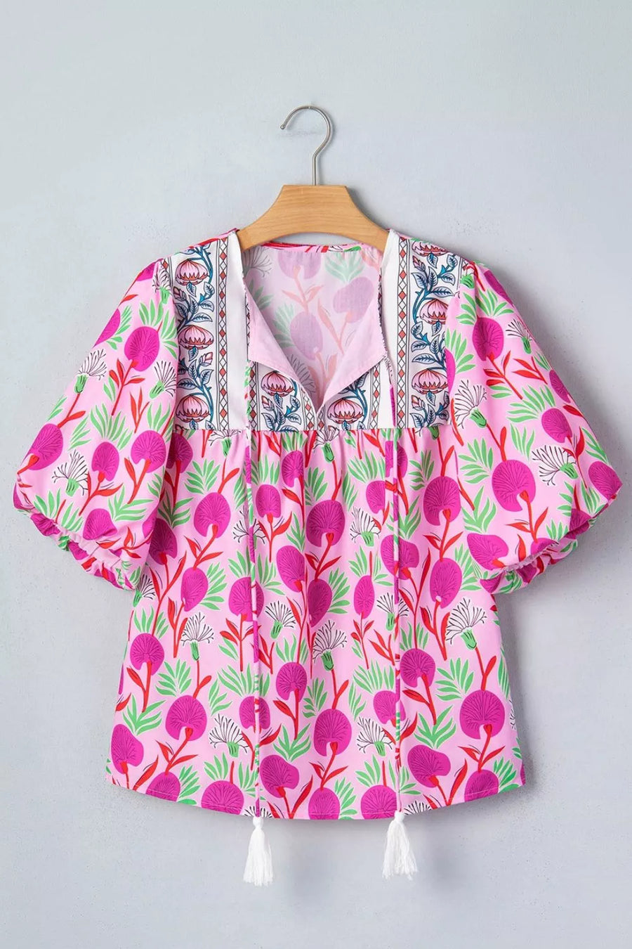 Floral Print Short Sleeve Tassel Tie Blouse option 8