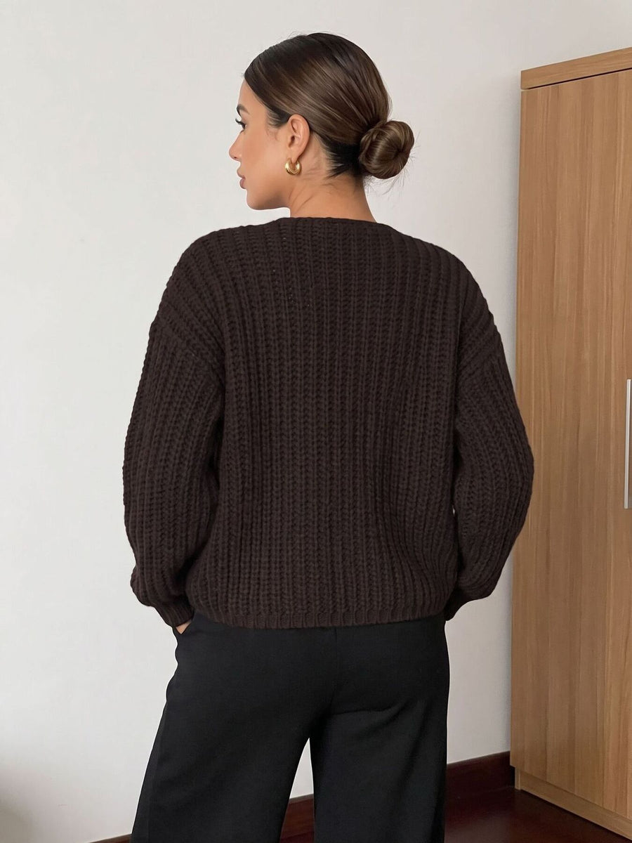 Ribbed Knit Cardigan With Gold Buttons in Beige with buttoned