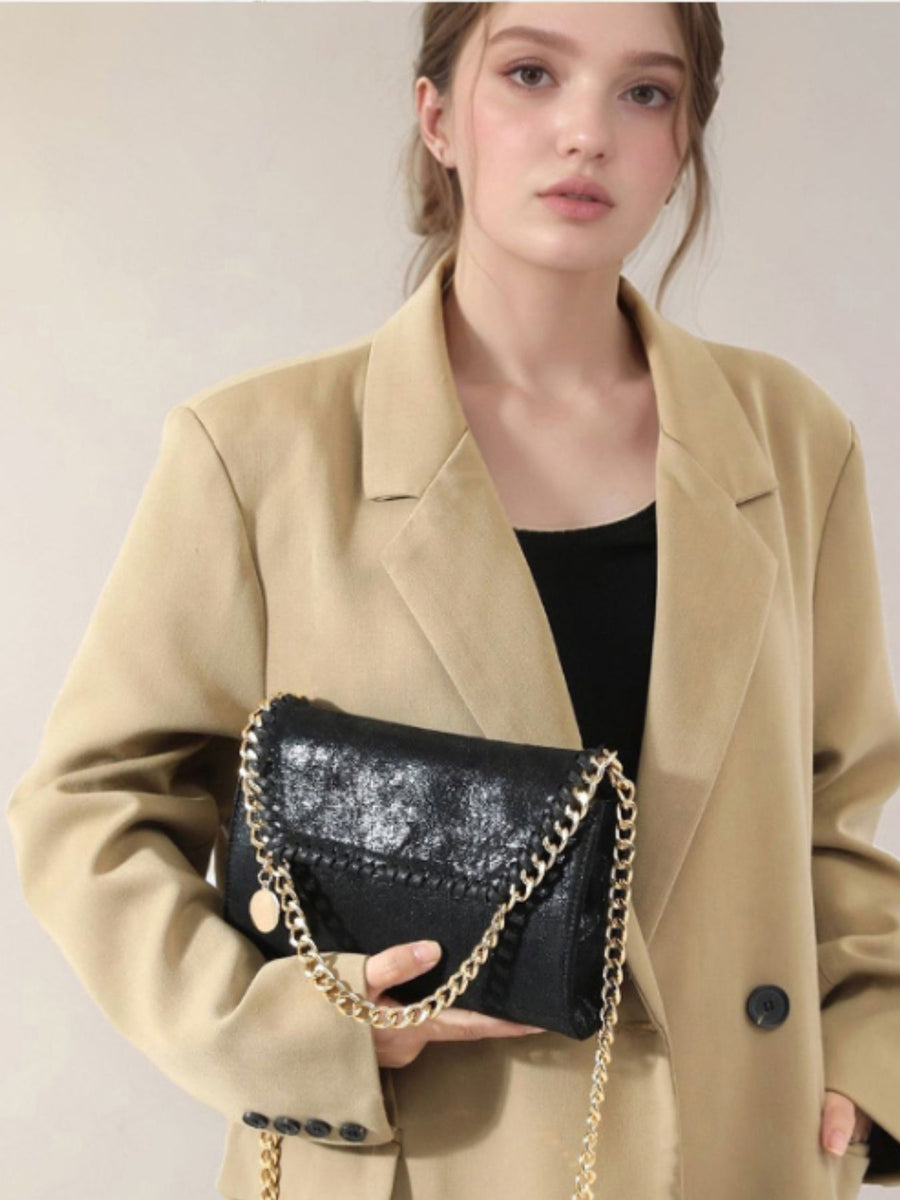 Matte PU Leather Chain-Strap Shoulder Bag in Black