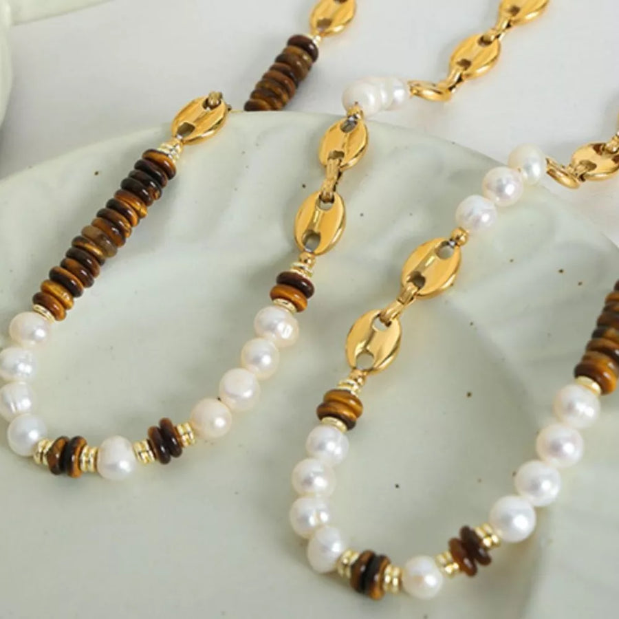 Tiger's Eye Freshwater Pearl 18k Gold-plated Necklace in brown with beaded