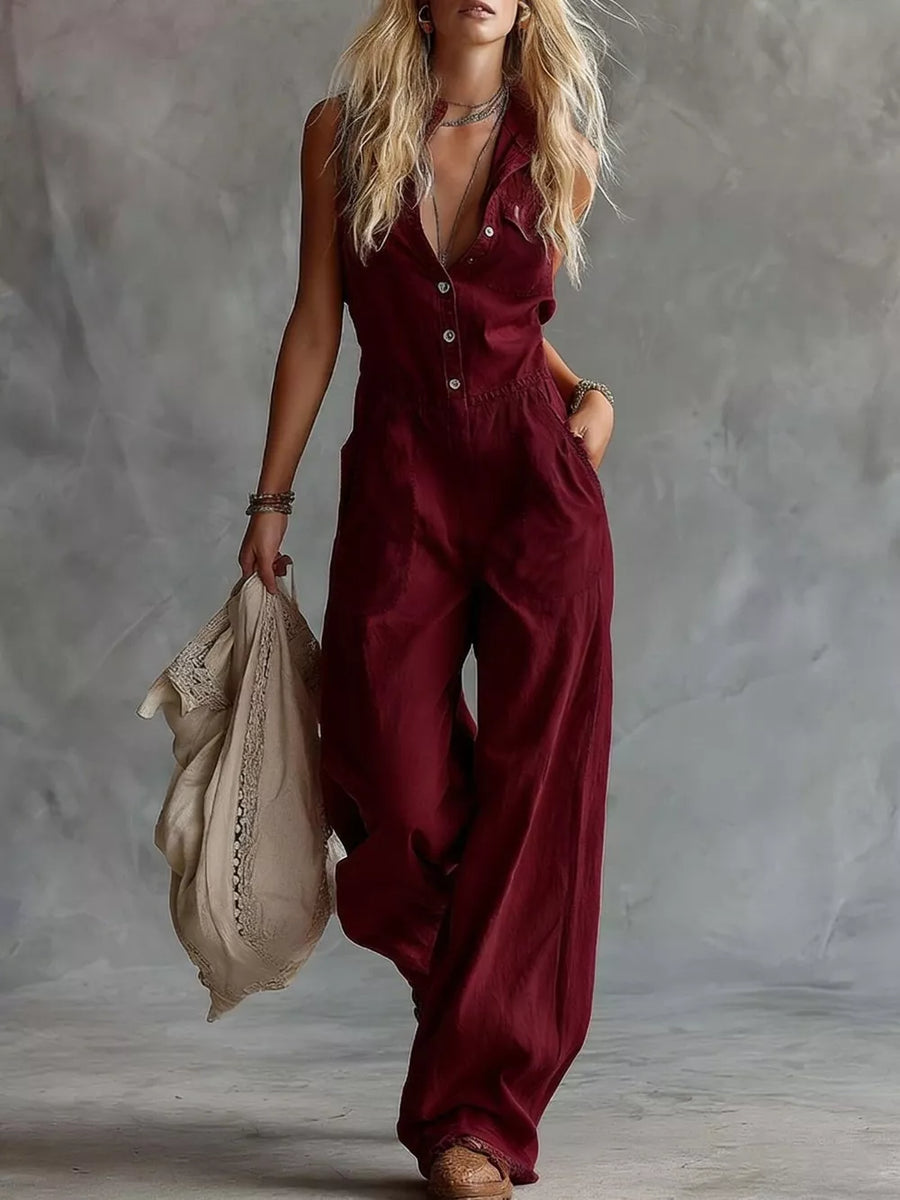 Orange wide-leg jumpsuit with collared