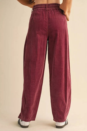 Elastic Waist Drawstring Corduroy Casual Pants in Burgundy