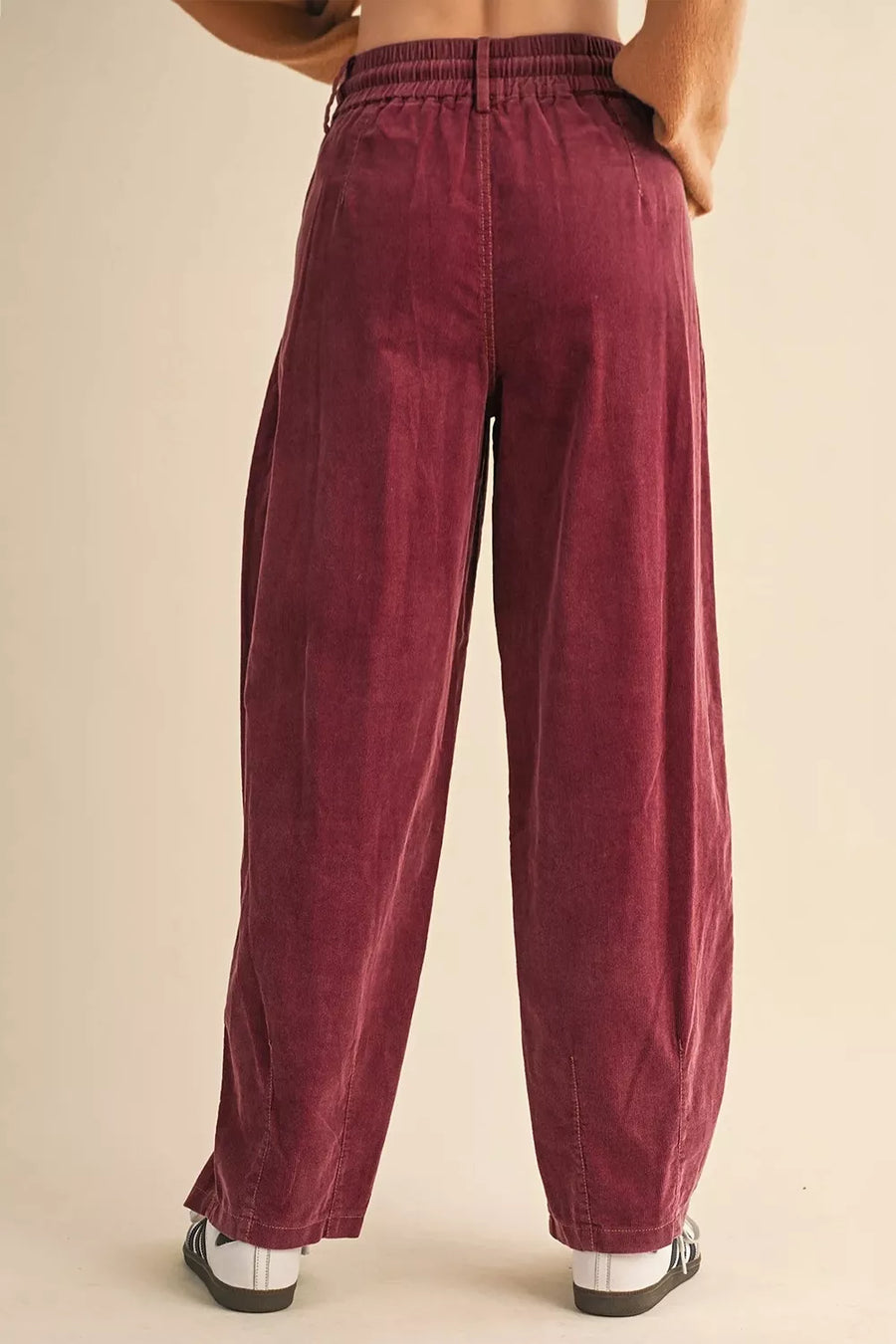 Elastic Waist Drawstring Corduroy Casual Pants in Burgundy