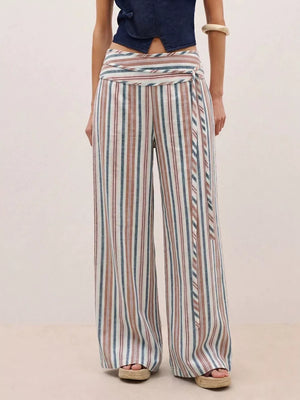Striped Wide-leg Pants With Tie Waist in Blue
