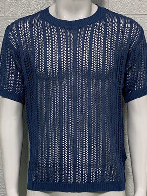 Navy open-knit boxy crew neck sweater with short sleeves and vertical open stitching.