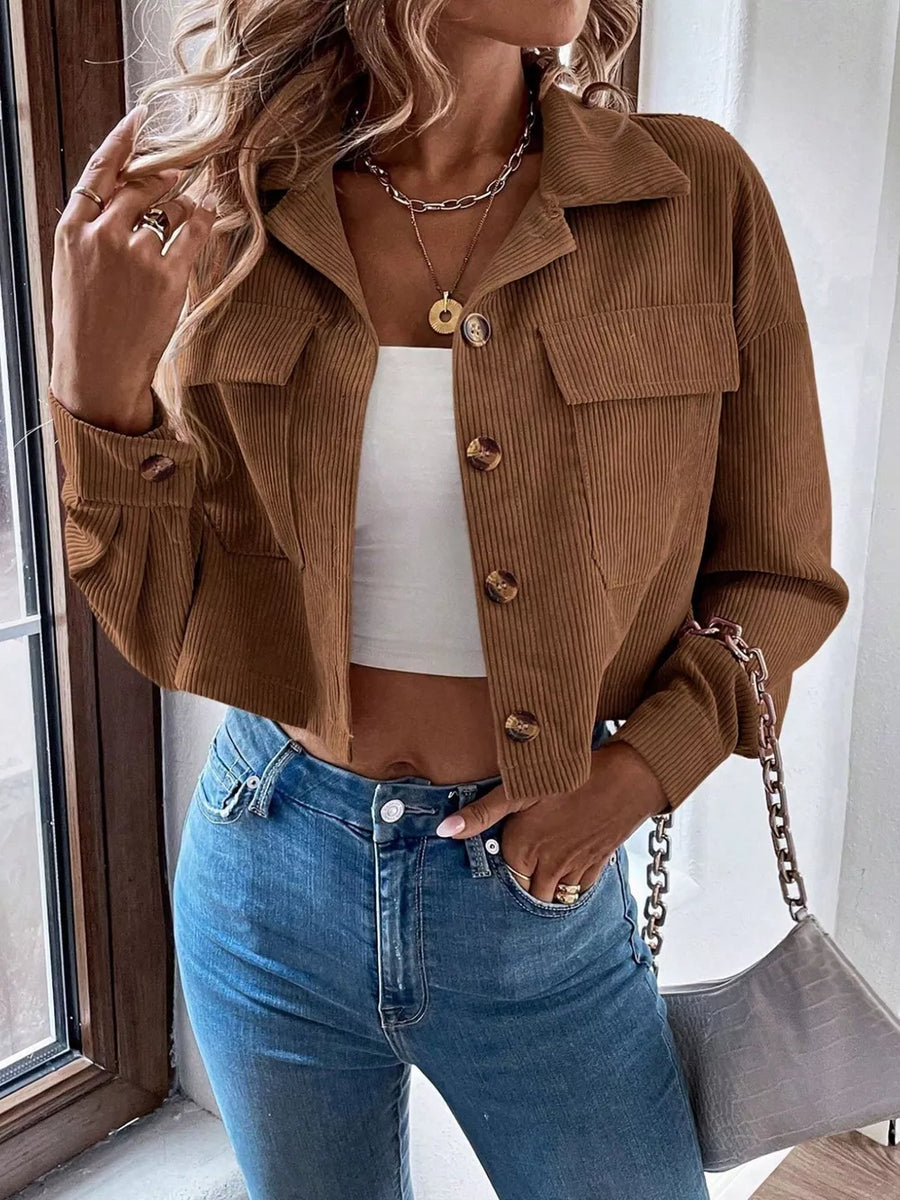 trucker jacket in brown featuring buttoned and boxy fit