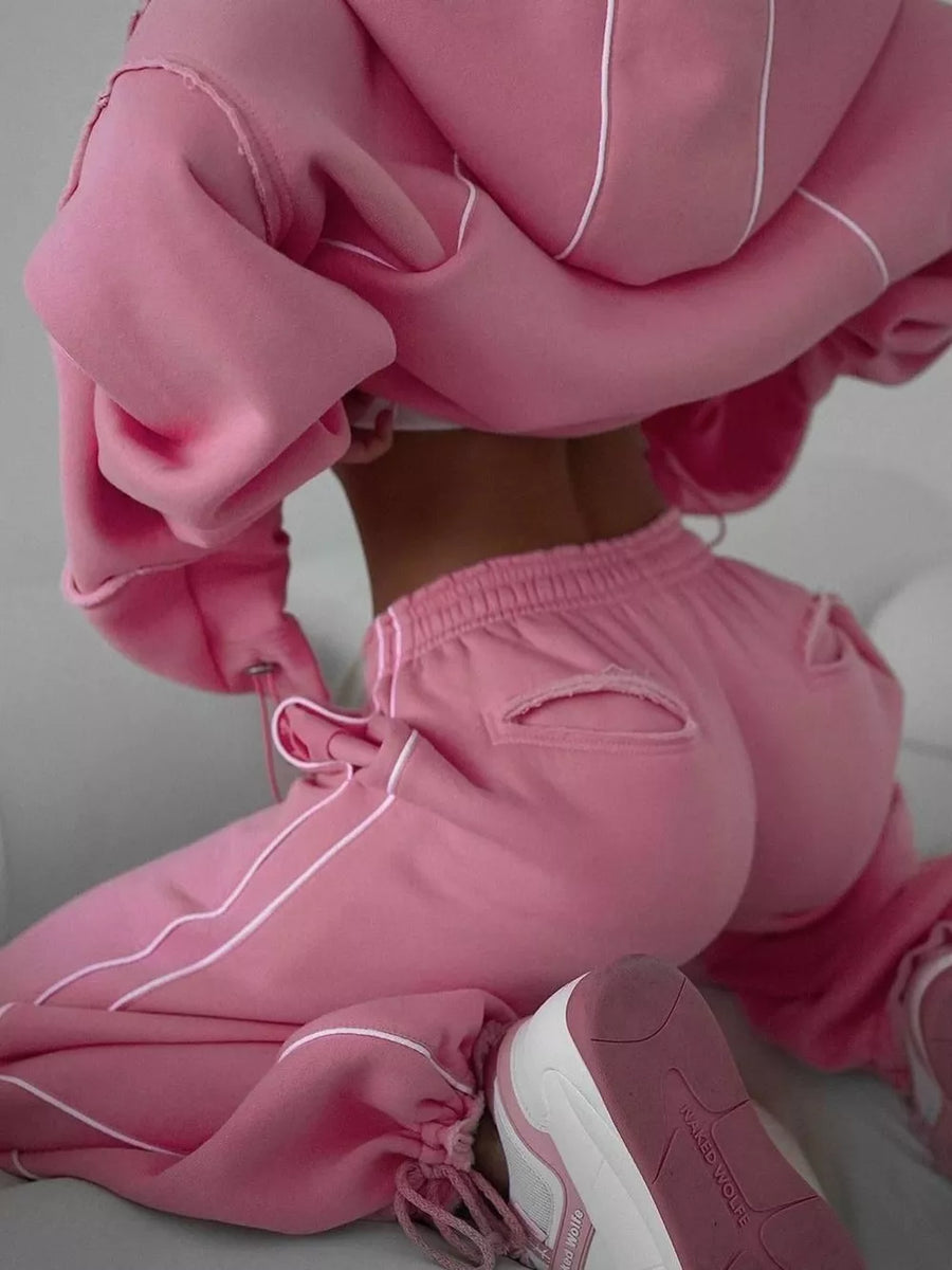 Cropped Zip-up Hoodie And Wide-leg Sweatpants Set in white