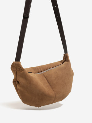 Vintage Suede Crescent Shoulder Bag in burgundy with adjustable straps