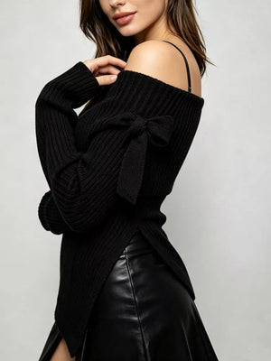 Off-shoulder Ribbed Knit Long-sleeve Top in Red with ribbed