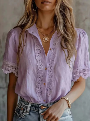 Lavender button-down shirt with buttoned and short sleeve