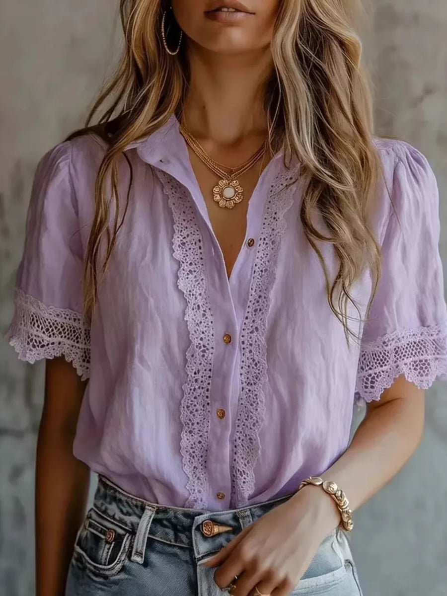 Lavender button-down shirt with buttoned and short sleeve